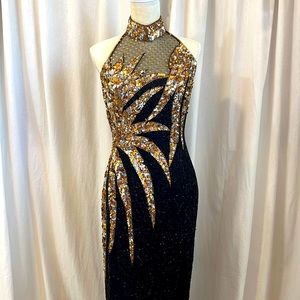 Vintage Silk Beaded Sequin Halter Gown